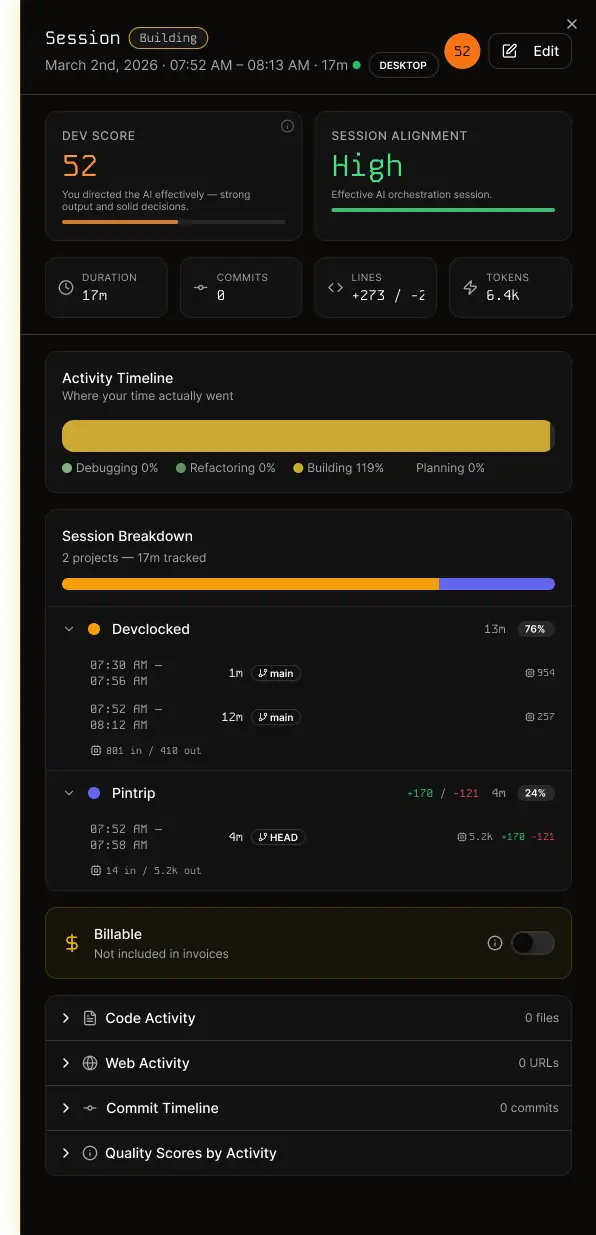 DevClocked Sessions Panel