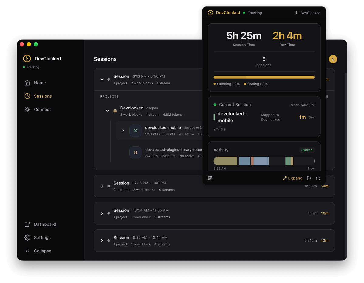 DevClocked Mac app sessions panel