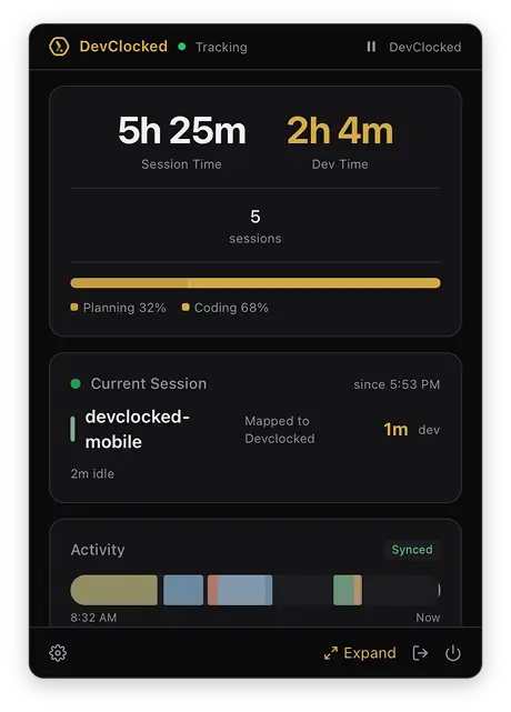 DevClocked Mac App sidecar interface
